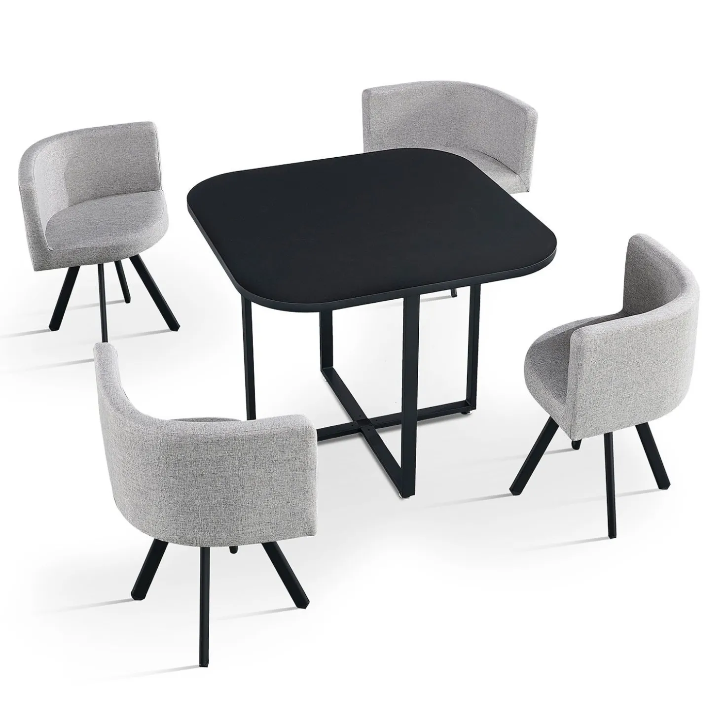 Table carrée 90cm avec 4 chaises gain de place Oslo Noir et Tissu Gris