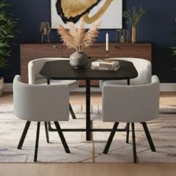 Table carrée 90cm avec 4 chaises gain de place Oslo Noir et Tissu Gris