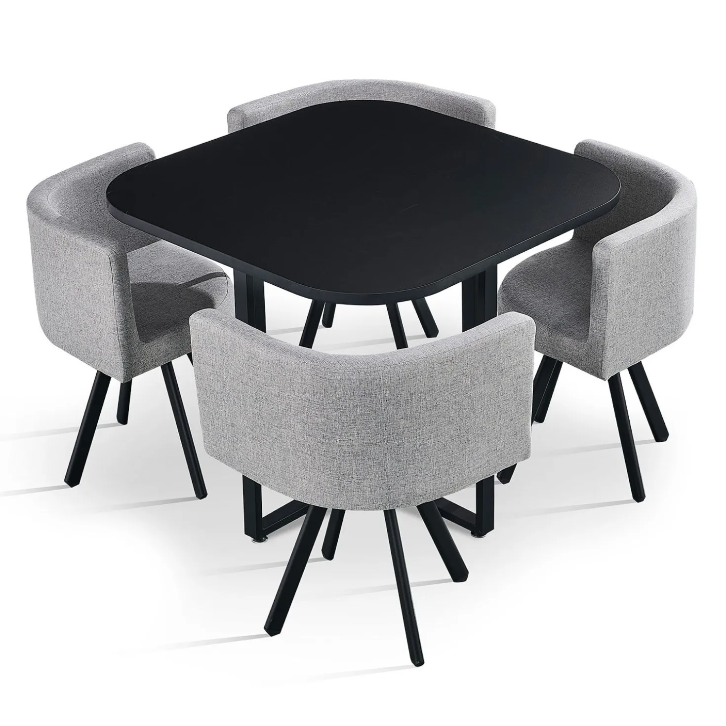 Table carrée 90cm avec 4 chaises gain de place Oslo Noir et Tissu Gris