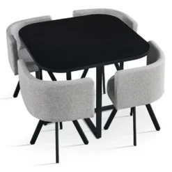 Table carrée 90cm avec 4 chaises gain de place Oslo Noir et Tissu Gris