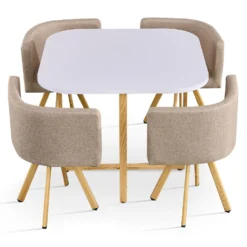 Table carrée 90cm avec 4 chaises gain de place Oslo Blanc et Tissu Taupe