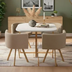 Table carrée 90cm avec 4 chaises gain de place Oslo Blanc et Tissu Taupe