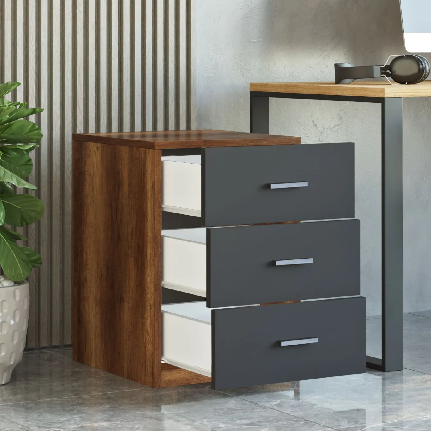 Table de chevet Moderne 3 Tiroirs Sylar Chêne foncé et Anthracite