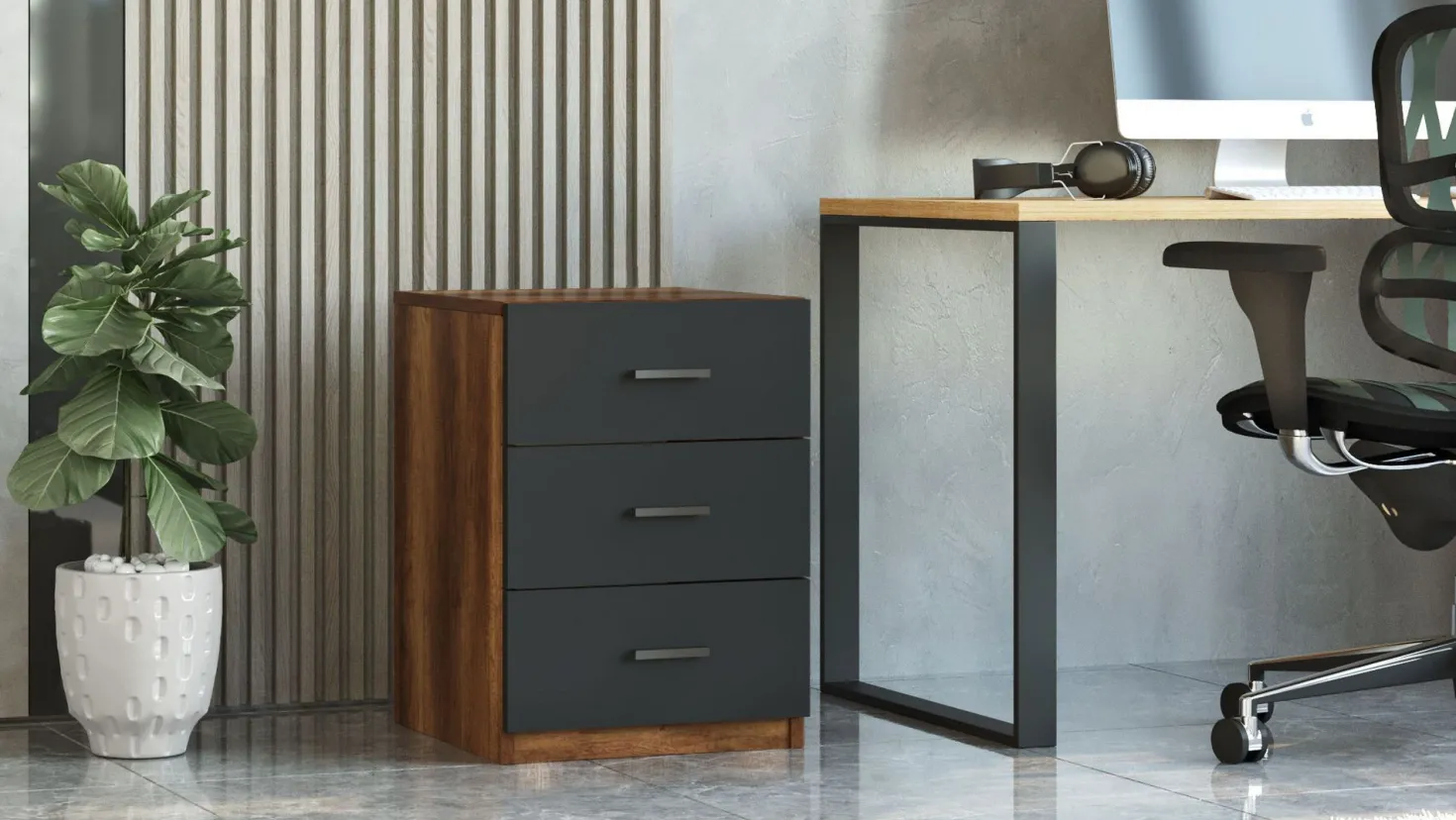 Table de chevet Moderne 3 Tiroirs Sylar Chêne foncé et Anthracite