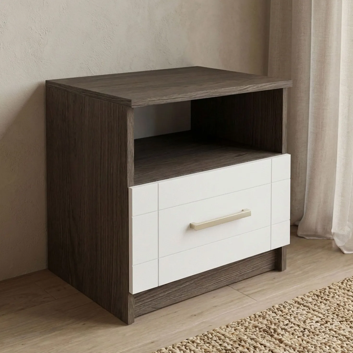 Table de chevet 1 tiroir Tenessil Chêne foncé et Blanc