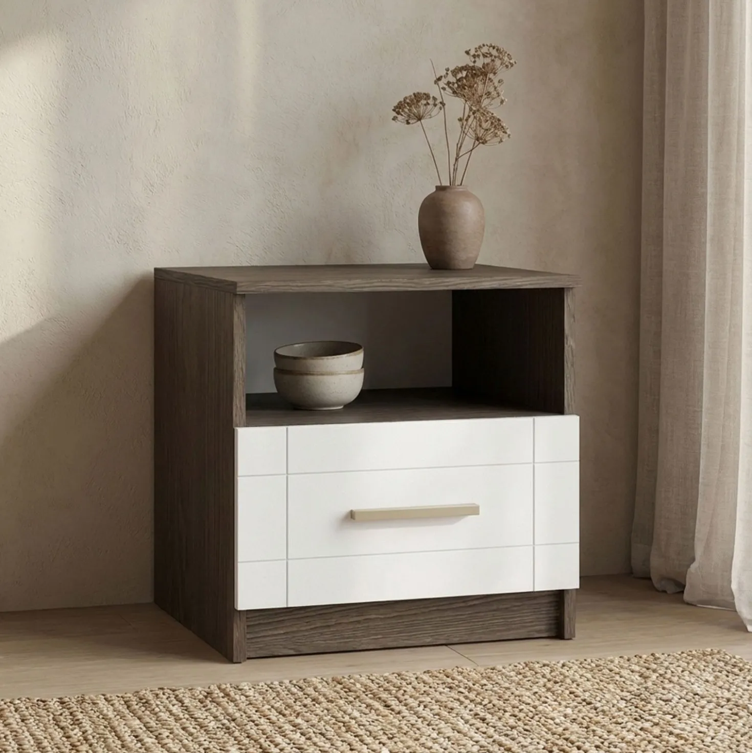 Table de chevet 1 tiroir Tenessil Chêne foncé et Blanc