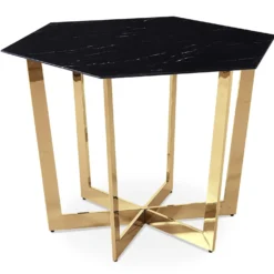 Table hexagonale 120cm Zadig Verre Effet marbre noir et pied Métal Or