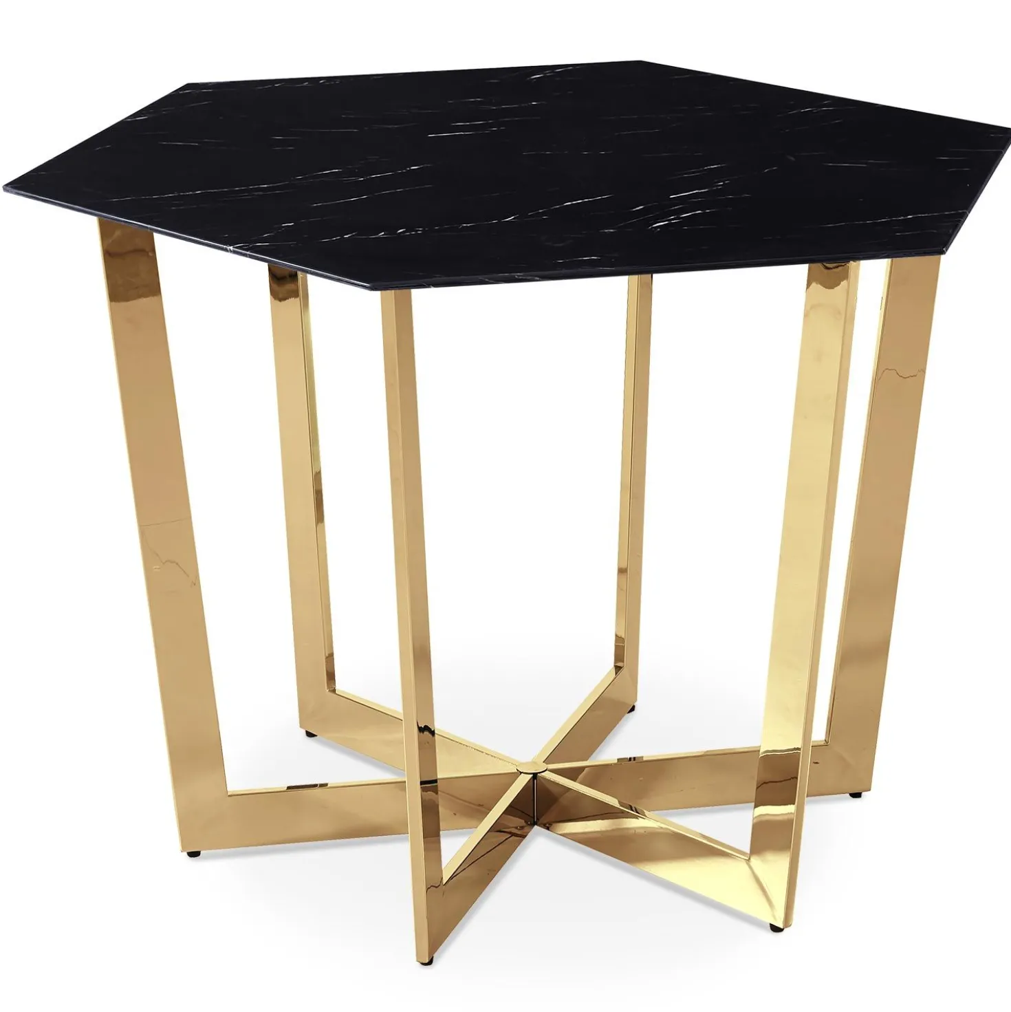 Table hexagonale 120cm Zadig Verre Effet marbre noir et pied Métal Or