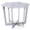 Table hexagonale 120cm Zadig Verre Effet marbre blanc et pied Métal Argent