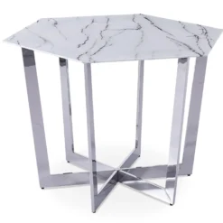 Table hexagonale 120cm Zadig Verre Effet marbre blanc et pied Métal Argent