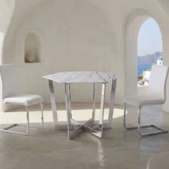 Table hexagonale 120cm Zadig Verre Effet marbre blanc et pied Métal Argent
