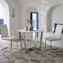 Table hexagonale 120cm Zadig Verre Effet marbre blanc et pied Métal Argent