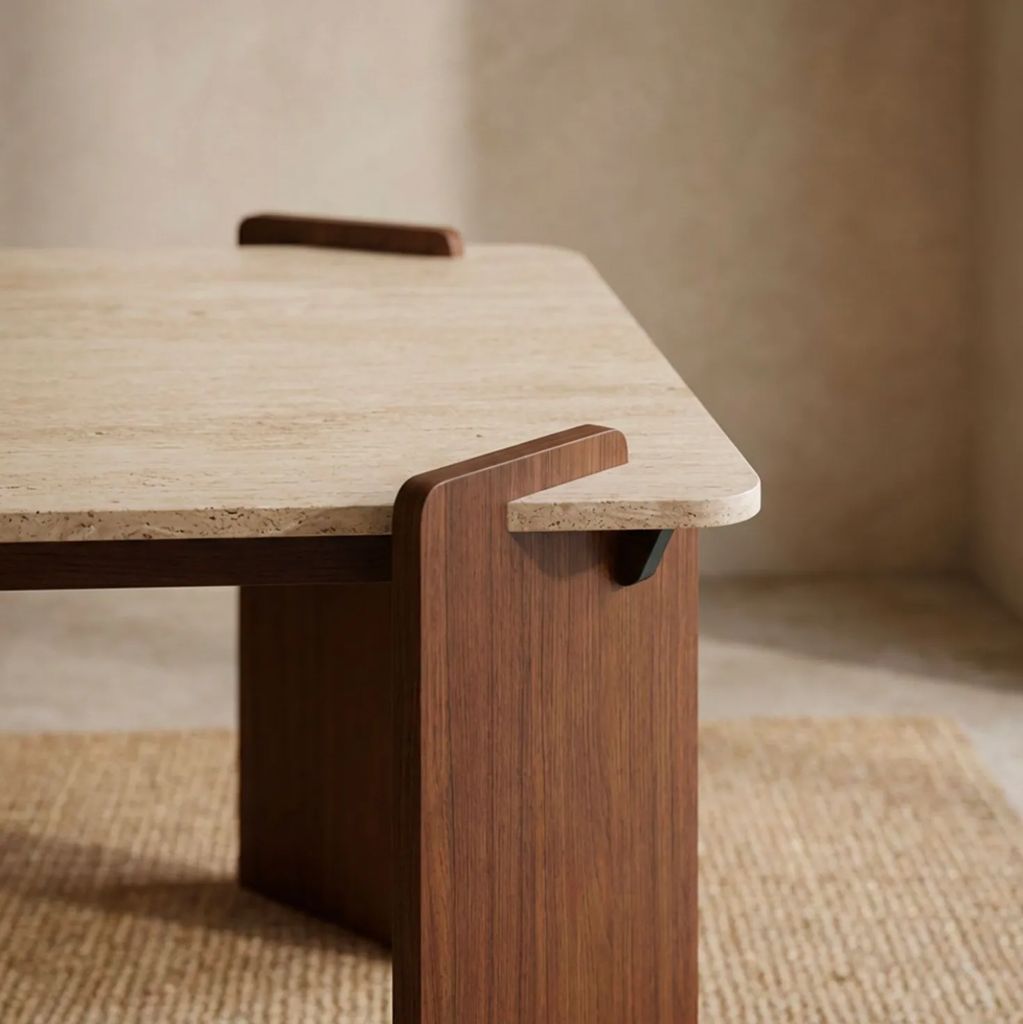 Table à manger au design Art Déco Cezanne 80x190cm Effet travertin Beige et Bois foncé