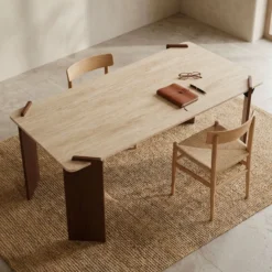 Table à manger au design Art Déco Cezanne 80x190cm Effet travertin Beige et Bois foncé