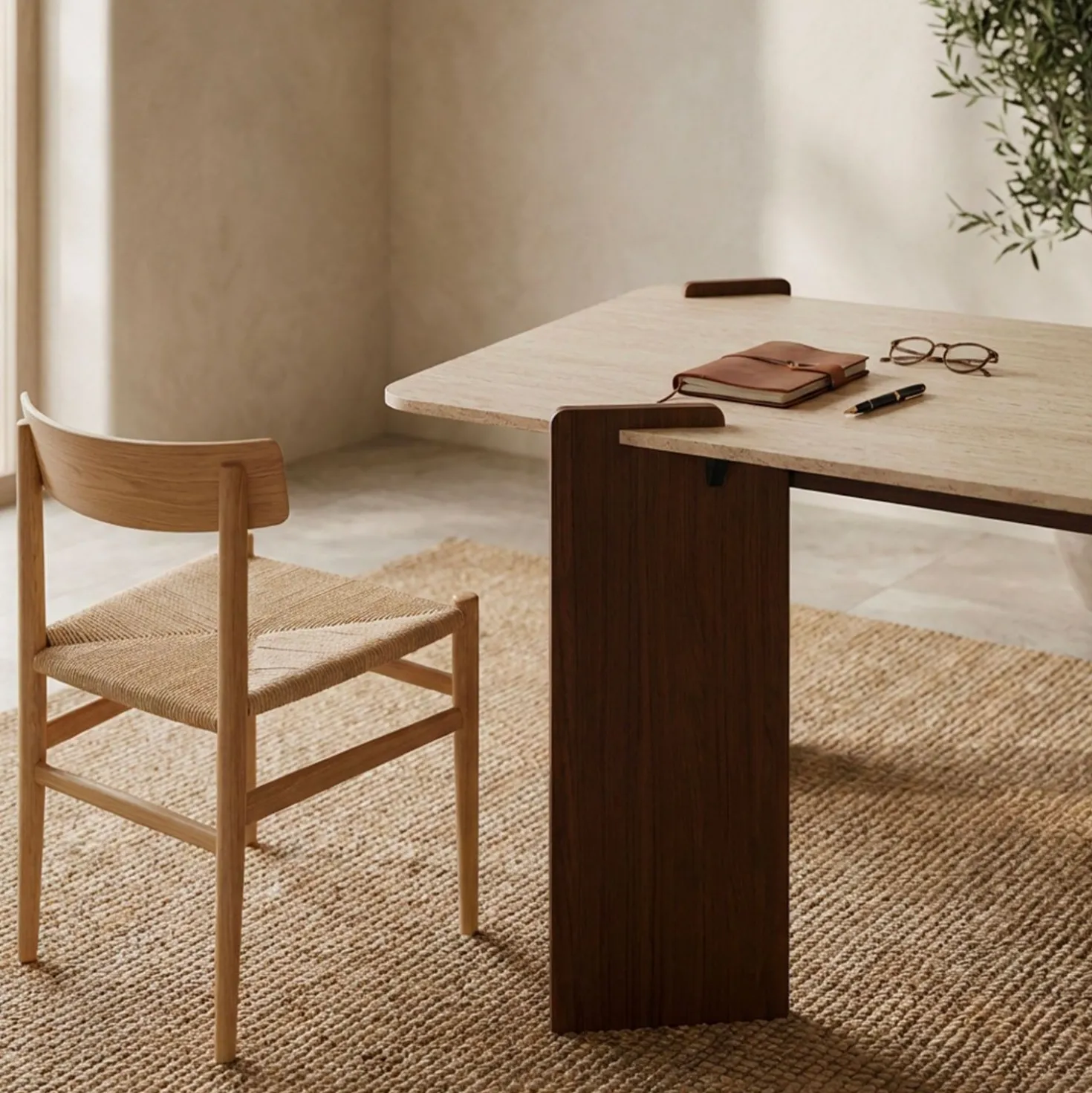 Table à manger au design Art Déco Cezanne 80x190cm Effet travertin Beige et Bois foncé