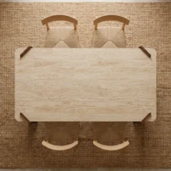 Table à manger au design Art Déco Cezanne 80x190cm Effet travertin Beige et Bois foncé