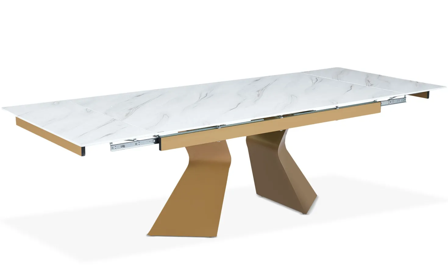 Table à manger extensible Icaria en Verre effet Marbre Blanc et pieds Or