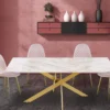 Table à manger Naelle en Verre effet Marbre Blanc et pieds Or