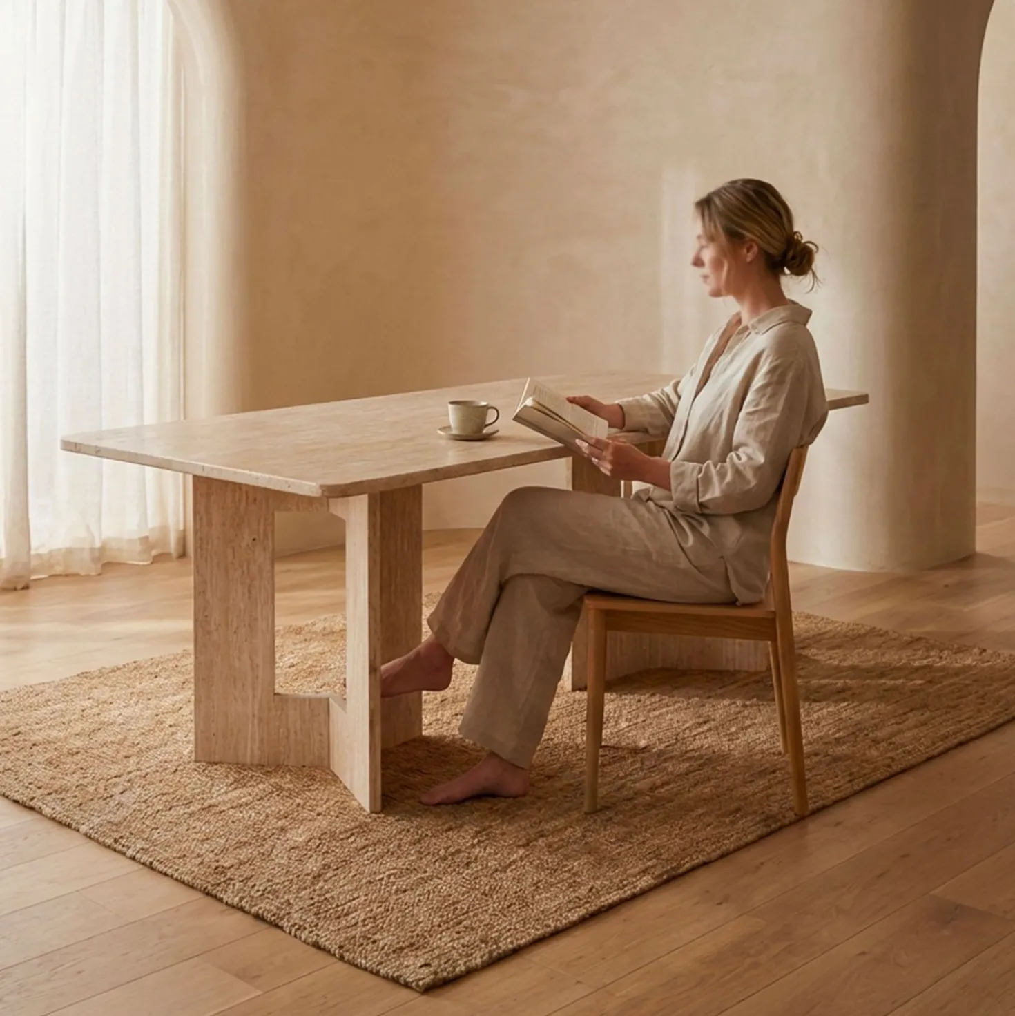 Table à manger rectangulaire Roselia 90x180cm Effet travertin Beige