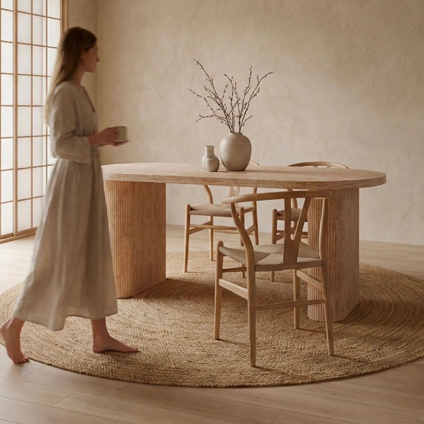 Table ovale Burundi avec pieds design style colonnes Effet travertin Beige