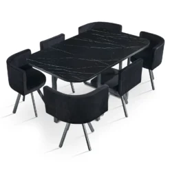 Table rectangulaire 150cm avec 6 chaises gain de place Oslo XL Effet marbre noir et Velours Noir