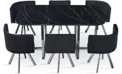 Table rectangulaire 150cm avec 6 chaises gain de place Oslo XL Effet marbre noir et Velours Noir