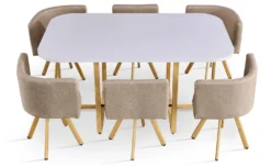 Table rectangulaire 150cm avec 6 chaises gain de place Oslo Blanc et Tissu Taupe
