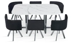 Table rectangulaire 150cm avec 6 chaises gain de place Oslo XL Effet marbre blanc et Velours Noir