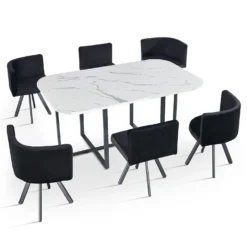Table rectangulaire 150cm avec 6 chaises gain de place Oslo XL Effet marbre blanc et Velours Noir