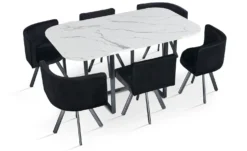Table rectangulaire 150cm avec 6 chaises gain de place Oslo XL Effet marbre blanc et Velours Noir