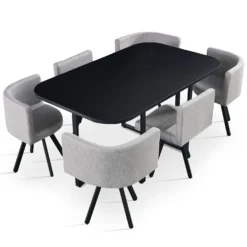 Table rectangulaire 150cm avec 6 chaises gain de place Oslo Noir et Tissu Gris