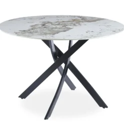 Table ronde Bangui 120cm Céramique effet marbre Blanc et pieds croisés Métal Noir