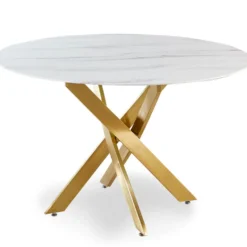Table ronde Corix Verre effet Marbre Blanc et pieds Or