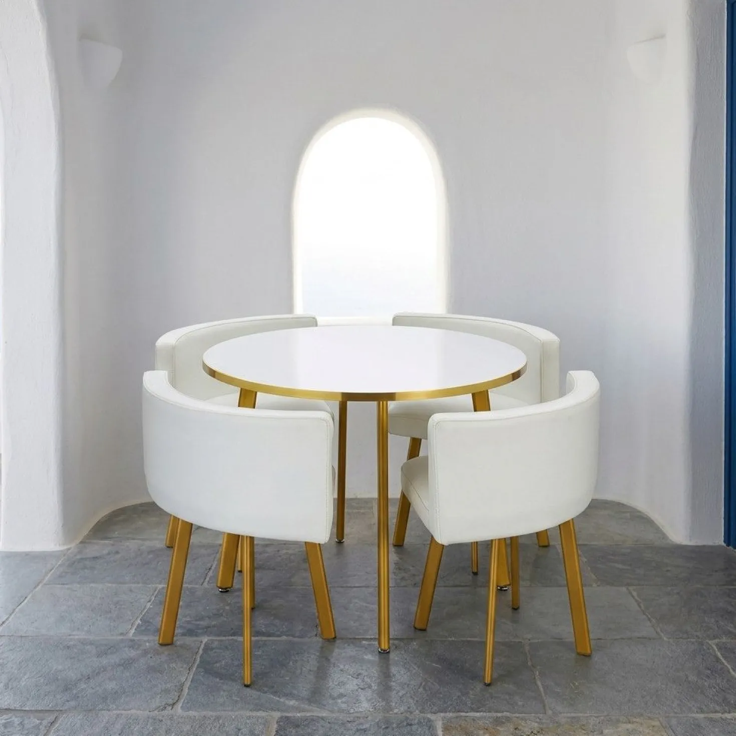 Table ronde et chaises Riga Blanc et Simili Blanc
