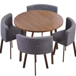 Table ronde et chaises Riga Chêne Foncé et Tissu Gris