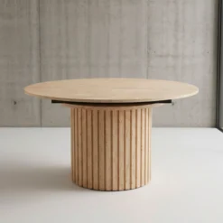 Table ronde extensible pied central style colonne Burkina 120-160cm Effet travertin Beige