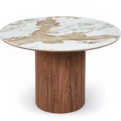 Table ronde moderne 120cm Églantine Céramique effet marbre blanc et pied colonne strié