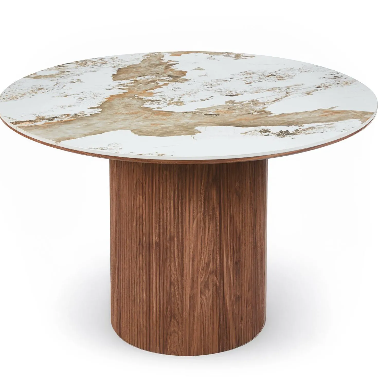 Table ronde moderne 120cm Églantine Céramique effet marbre blanc et pied colonne strié