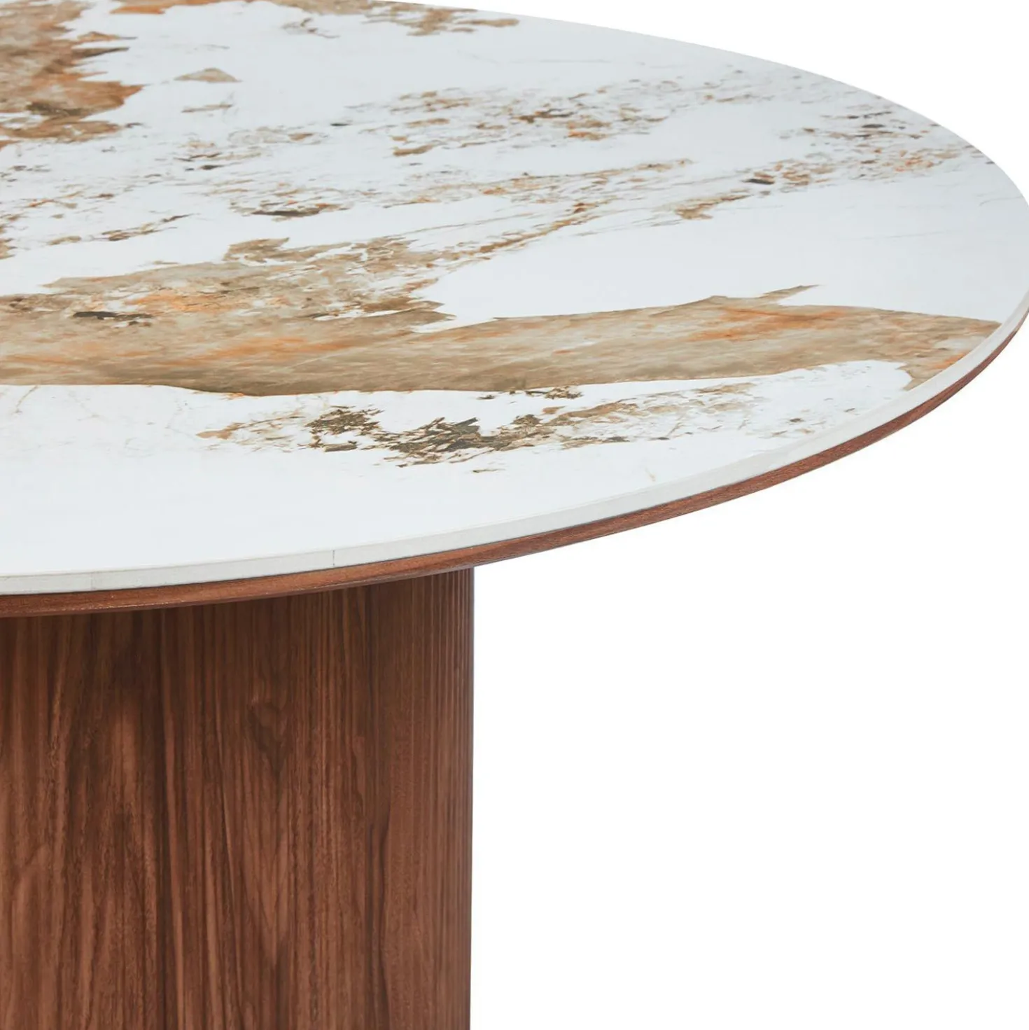 Table ronde moderne 120cm Églantine Céramique effet marbre blanc et pied colonne strié