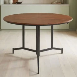 Table ronde pliable gain de place Cokelio 120cm Métal et plateau 3 parties Bois Noisette