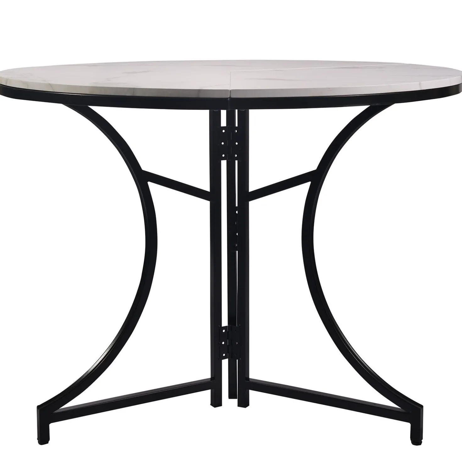 Table ronde pliante gain de place Foldine Ø80cm Métal Noir et Effet marbre Blanc