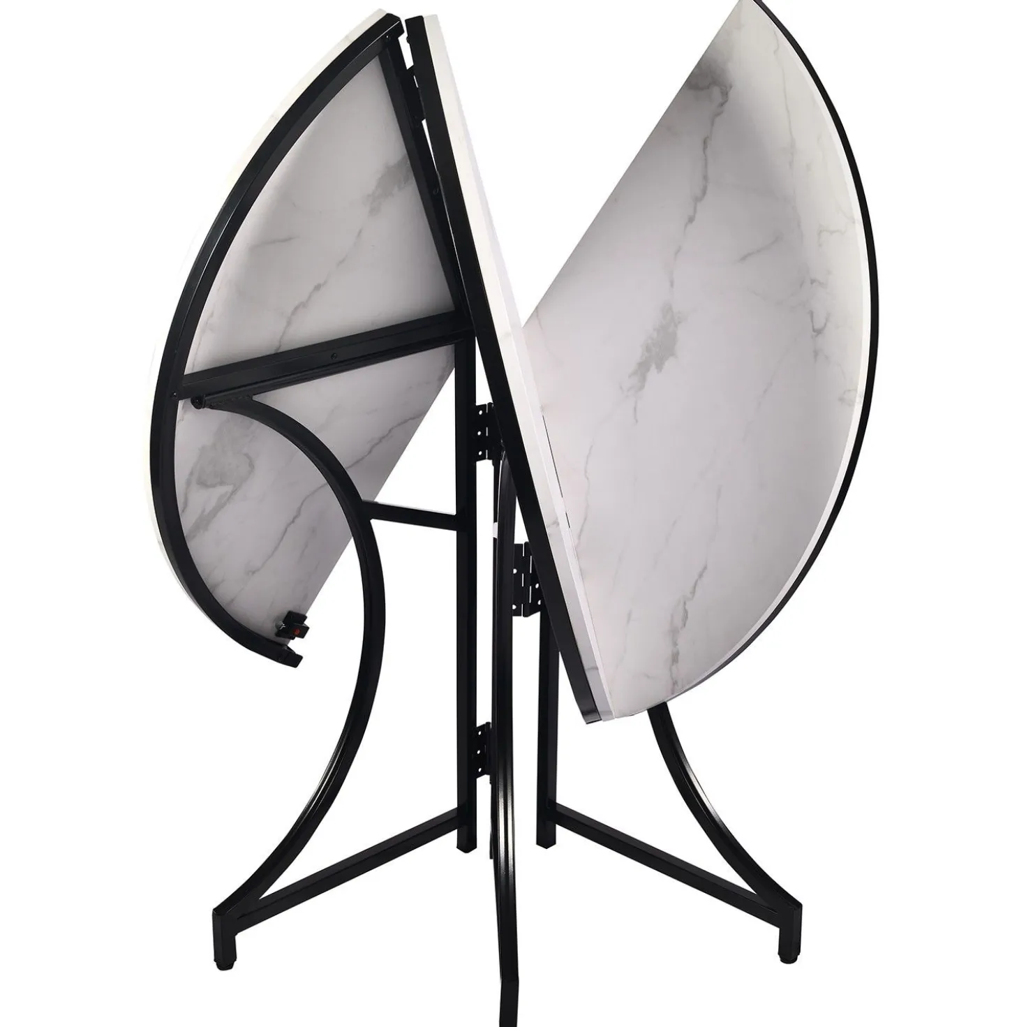 Table ronde pliante gain de place Foldine Ø80cm Métal Noir et Effet marbre Blanc
