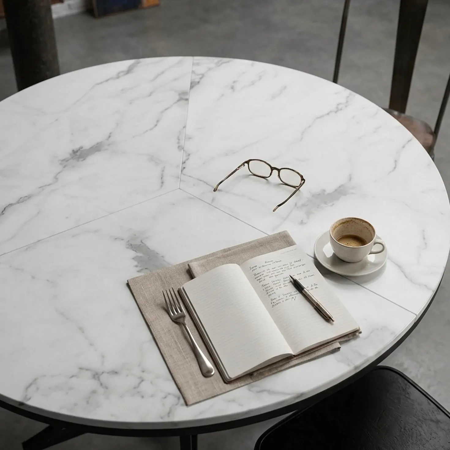 Table ronde pliante gain de place Foldine Ø80cm Métal Noir et Effet marbre Blanc