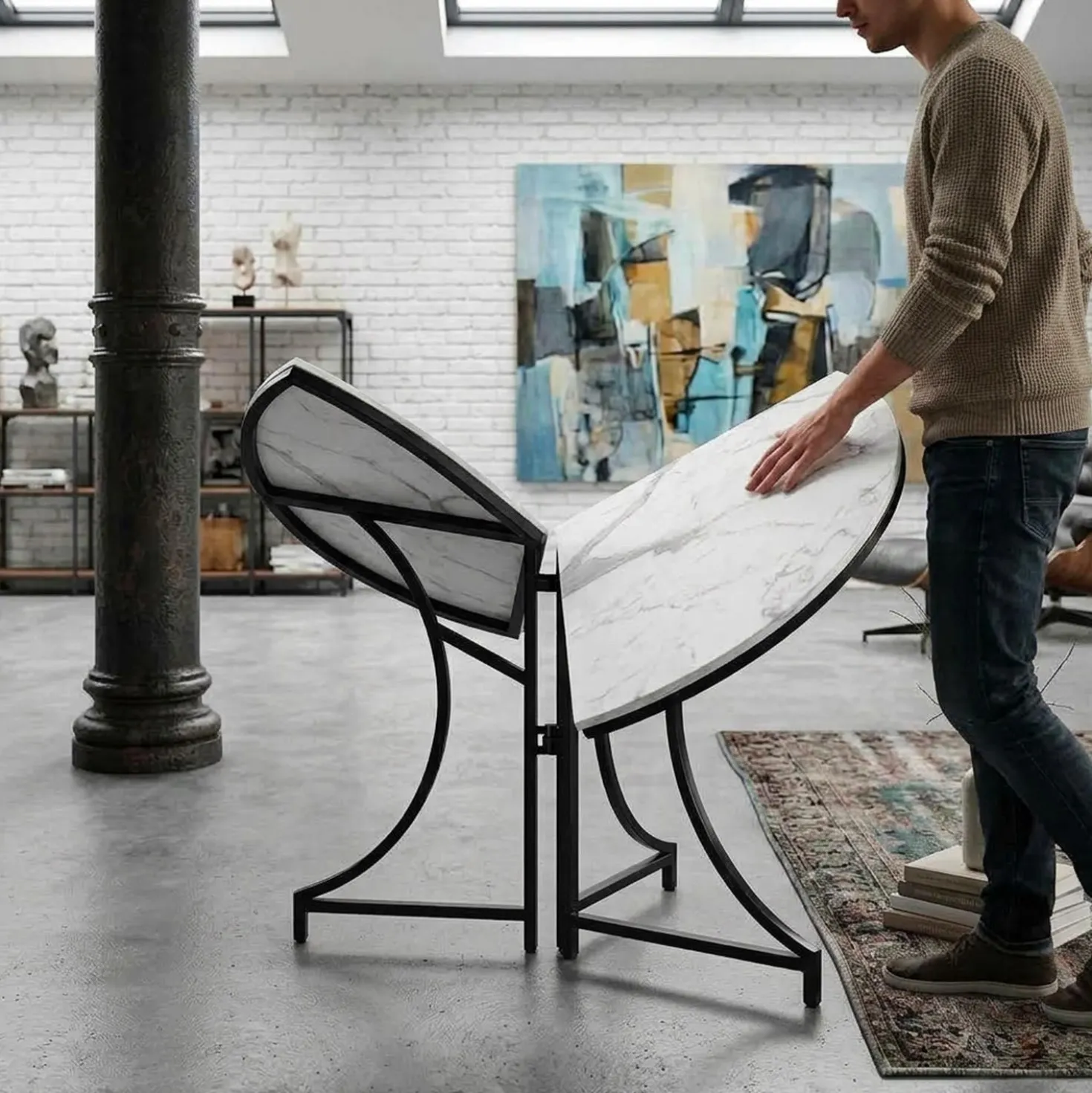 Table ronde pliante gain de place Foldine Ø80cm Métal Noir et Effet marbre Blanc