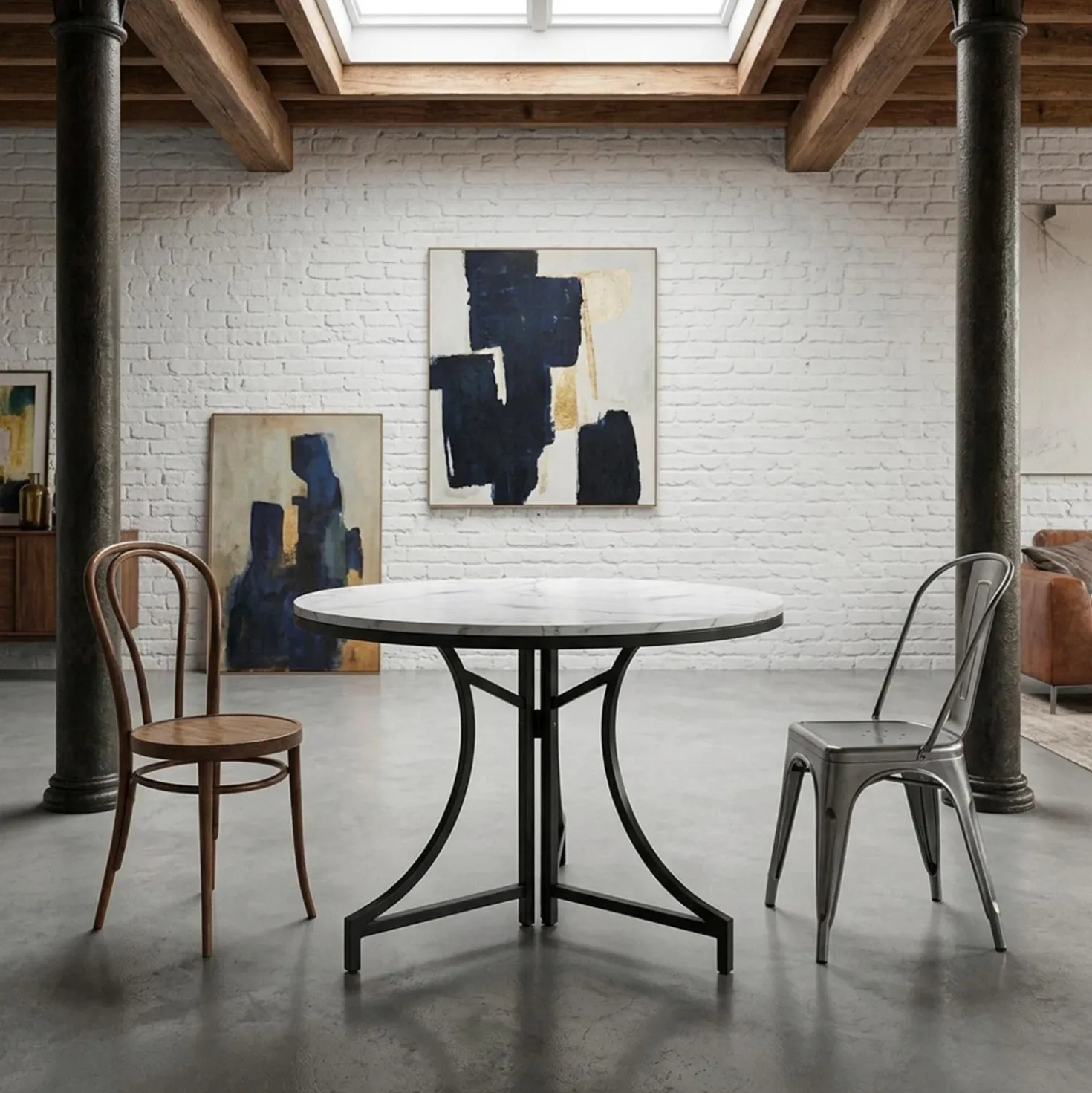Table ronde pliante gain de place Foldine Ø80cm Métal Noir et Effet marbre Blanc