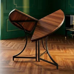 Table ronde pliante gain de place Foldine Ø100cm Métal Noir et Bois noisette