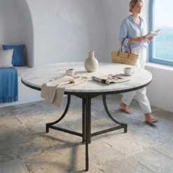 Table ronde pliante gain de place Foldine Ø100cm Métal Noir et Effet marbre Blanc