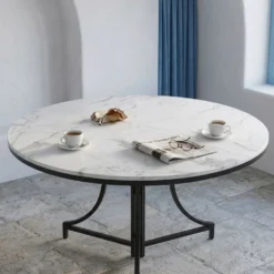 Table ronde pliante gain de place Foldine Ø100cm Métal Noir et Effet marbre Blanc