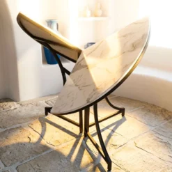 Table ronde pliante gain de place Foldine Ø100cm Métal Noir et Effet marbre Blanc