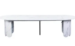 Table ronde style japandi extensible 310cm Tulipa rallonges intégrées Effet marbre Blanc